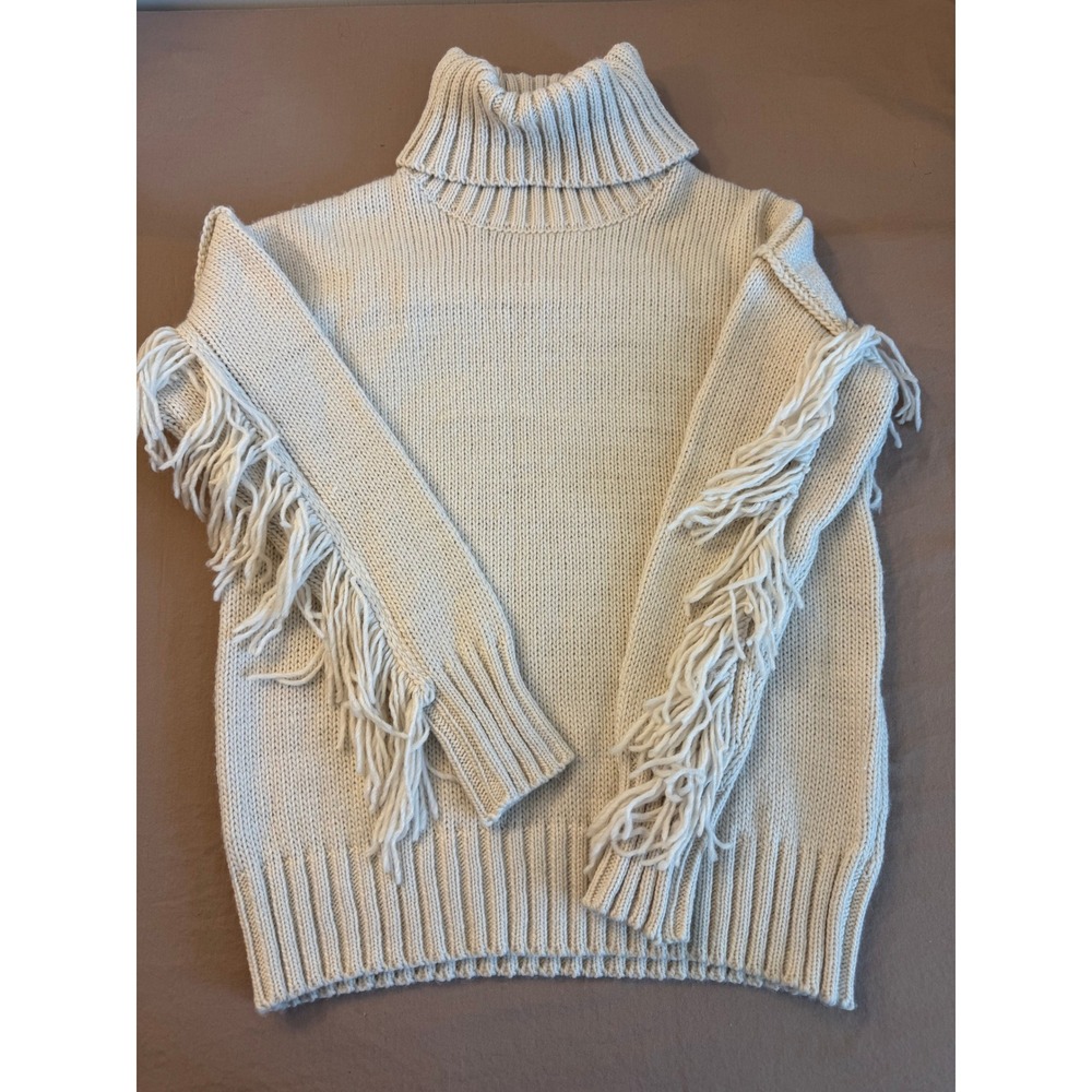 WILLOW & WIND Cream Fringe Turtleneck Sweater XS Cozy Boho Chunky‎ Knit Winter